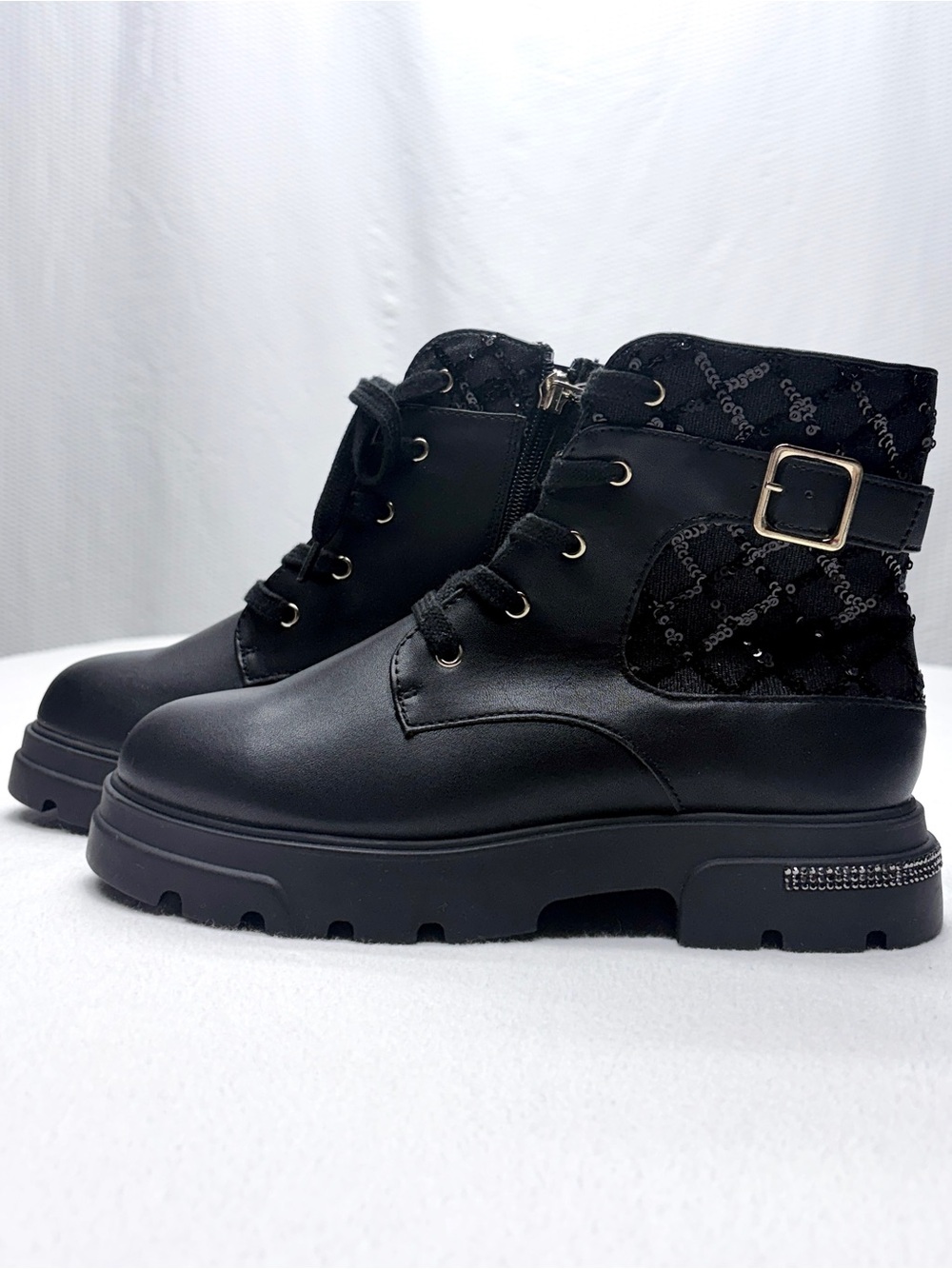 Jessica Simpson Rosa Combat Boots Girls 4 Black Moto Buckle Side Zip NWOT